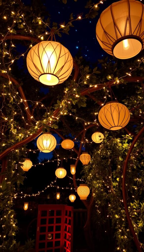 A whimsical display of twinkling fairy lights and lanterns, gently illuminating a lush, enchanted garden. Soft, warm lighting casts a magical glow, creating an intimate, cozy ambiance. Delicate strands of lights wind through overhanging foliage, cascading down tree branches and trellises. Intricate paper lanterns in muted hues float effortlessly, their flickering flames casting mesmerizing shadows. In the background, a starry night sky adds depth and wonder, heightening the dreamlike quality of the scene. Diverse lighting elements seamlessly blend, resulting in a captivating, immersive experience that evokes a sense of tranquility and delight.