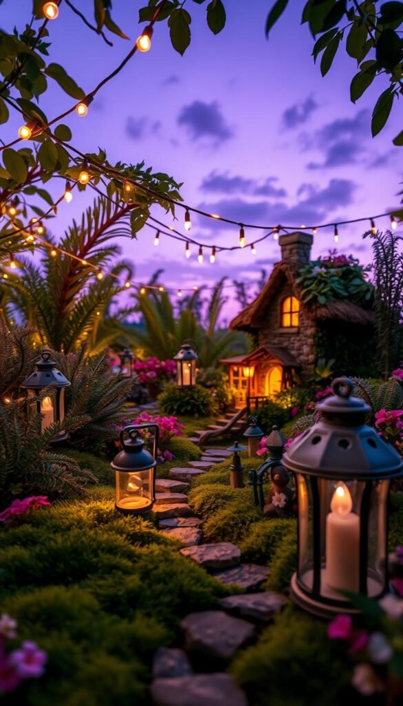 A whimsical fairy garden at dusk, bathed in the soft glow of lanterns and twinkling string lights. In the foreground, delicate glass and iron lanterns cast a warm, ambient light over a miniature stone path winding through lush, verdant moss and petite flowering plants. The middle ground reveals a canopy of twinkle lights draped between towering ferns and fragrant blooms, creating an enchanting, mystical atmosphere. In the background, a picturesque stone cottage with a thatched roof, its windows aglow, nestled amongst the enchanted foliage. Wispy clouds drift across a lavender sky, completing the serene, otherworldly scene.