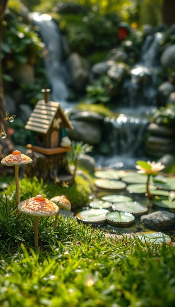 A whimsical fairy garden, bathed in soft, natural light and infused with enchanting elements. In the foreground, delicate mushrooms, glowing fireflies, and crystalline dewdrops adorn the lush, verdant ground. The middle ground showcases a charming birdhouse, adorned with hand-carved woodland creatures, perched atop a gnarled tree stump. In the background, a cascading waterfall spills into a tranquil pond, where floating lily pads and shimmering reflections create a serene and captivating scene. The overall mood is one of natural wonder, inviting the viewer to step into this enchanted miniature world.