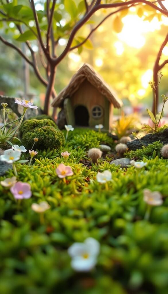 A whimsical fairy garden brimming with a delightful selection of flora - lush green moss carpeting the ground, delicate fairy flowers in pastel hues dotting the scene, and diminutive dwarf shrubs providing a touch of enchantment. Soft, diffused lighting filters through the canopy, casting a warm, magical glow over the entire arrangement. The camera captures this idyllic tableau from a low, close-up angle, immersing the viewer in the intimate scale and charm of this enchanted miniature landscape.