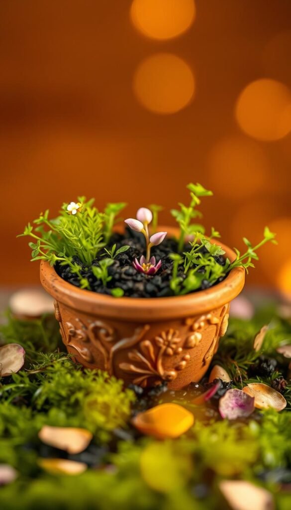 A whimsical fairy garden container filled with lush, verdant soil, set against a warm, soft-focus backdrop. The container is a charming terracotta pot, adorned with delicate floral carvings, nestled among a bed of moss and petals. The soil is rich and dark, teeming with the promise of growth and enchantment. Soft, golden lighting filters through the scene, casting a magical glow and creating a sense of wonder and tranquility. The overall composition invites the viewer to imagine the tiny fairy inhabitants that might dwell within this enchanting miniature landscape.
