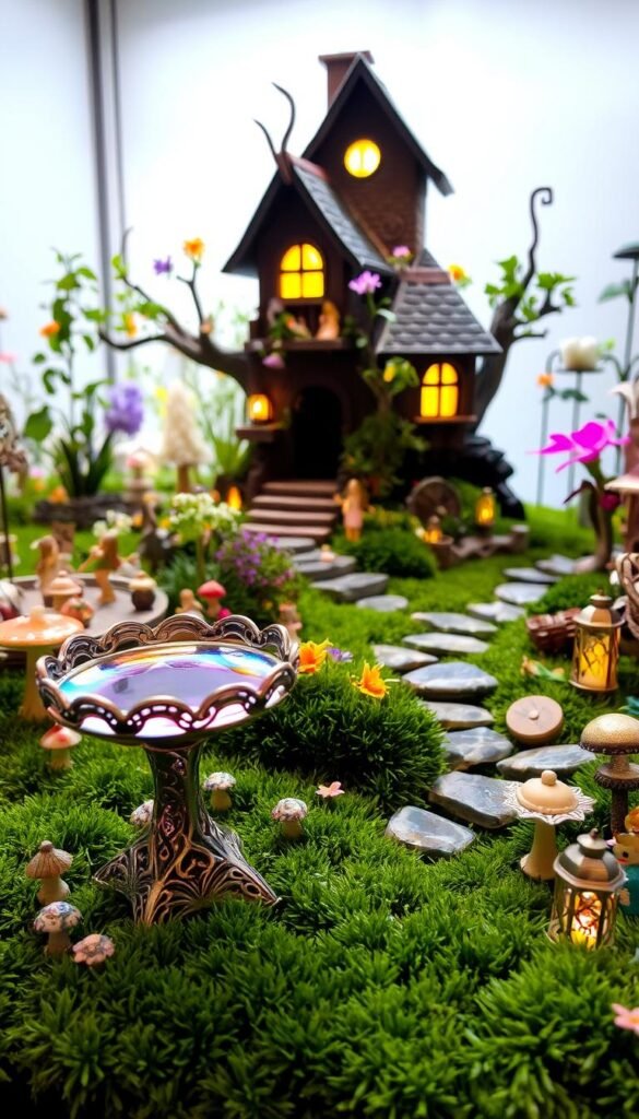 A whimsical fairy garden display, meticulously curated with delicate accessories. In the foreground, an ornate birdbath reflects the soft, ambient light, its basin filled with mystical, iridescent waters. Surrounding it, a scattering of intricate mushrooms, tiny lanterns, and glistening fairy figurines create an enchanting atmosphere. In the middle ground, a lush, verdant moss carpet leads the eye to a stone pathway winding through a cluster of vibrant, fantastical flora. The background features a mystical treehouse, its windows aglow with an enchanted, golden hue, hinting at the magical secrets it holds. The entire scene exudes a sense of tranquility and wonder, inviting the viewer to step into this captivating, miniature world.