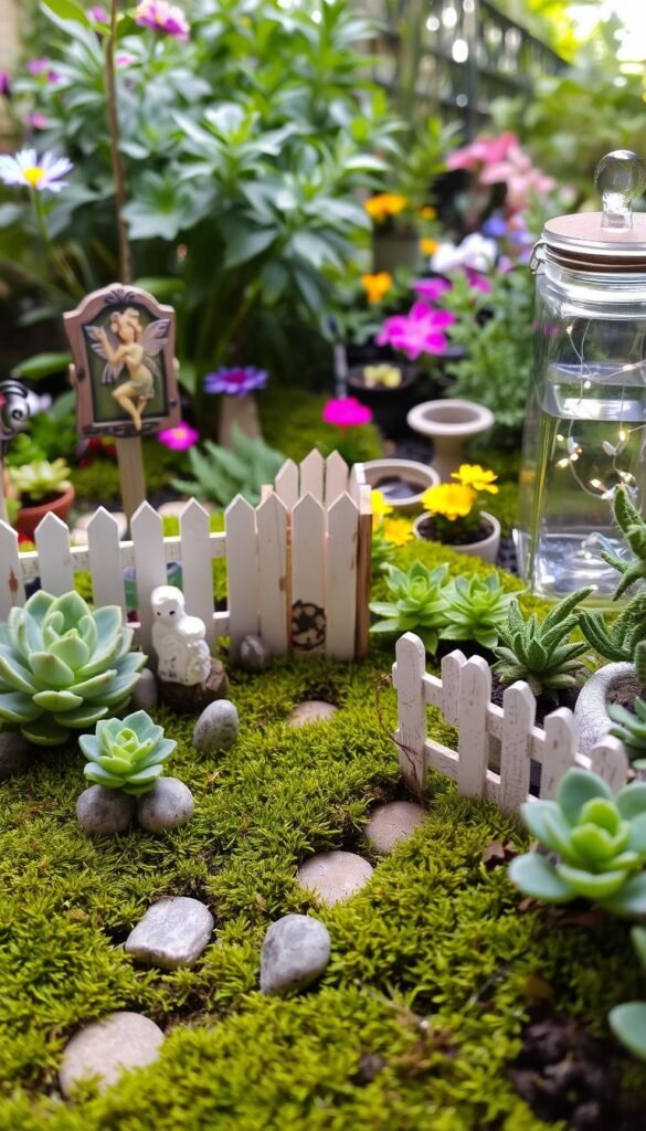 A whimsical fairy garden filled with handcrafted miniature decor. In the foreground, a mossy path winds through a cluster of potted succulents, tiny stone figurines, and a delicate wire bird feeder. The middle ground features a miniature picket fence, a rustic wooden plaque with a painted fairy, and a delicate glass jar filled with fairy lights. In the background, a lush garden of colorful flowers, ferns, and a small birdbath creates a tranquil, nature-inspired setting. Soft, natural lighting illuminates the scene, casting gentle shadows and a serene, enchanting atmosphere.
