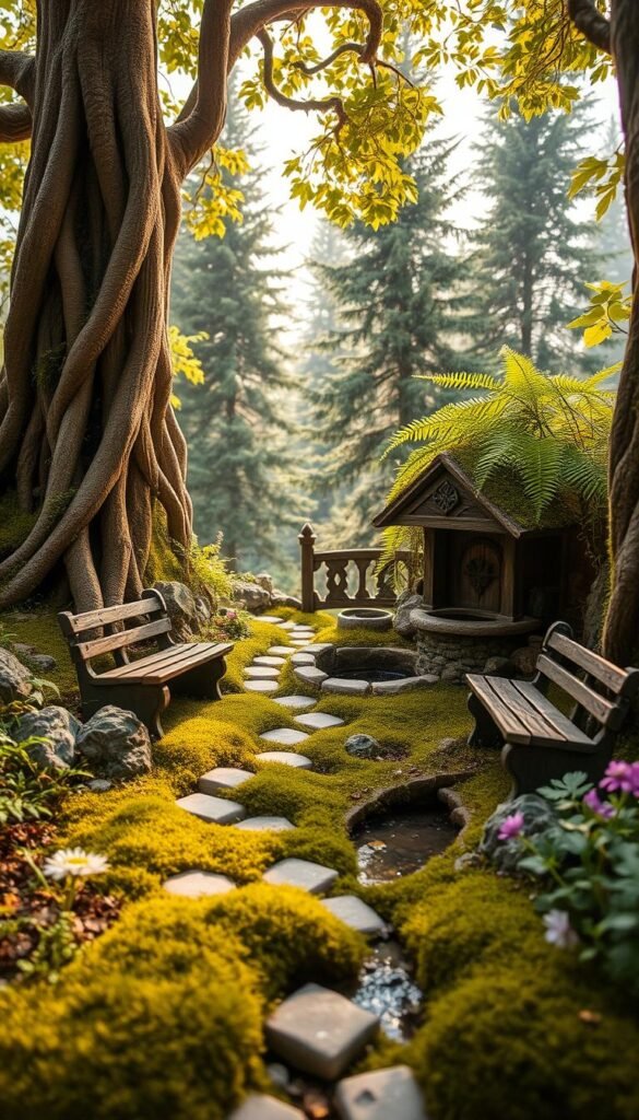 A whimsical fairy garden foundation with a mossy, winding path leading to a charming stone well. Verdant ferns, delicate wildflowers, and a gurgling stream accent the serene, enchanted ambiance. Warm, diffused lighting filters through the canopy of lush, overhanging foliage, casting a soft, magical glow. Weathered wooden benches and ornate stone accents create a sense of timeless, fairy-tale wonder. The entire scene is framed by twisted, gnarled tree roots and a backdrop of towering evergreens, hinting at the mysteries and enchantments waiting to be discovered in this captivating fairy realm.