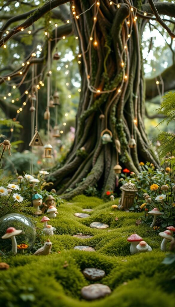 A whimsical fairy garden in soft, diffused light. In the foreground, delicate glass terrariums and ceramic mushroom figurines adorn the lush mossy ground. In the middle, a winding path leads through a canopy of delicate ferns and blooming wildflowers. Hanging from the branches, ornate birdhouses and chimes sway gently. In the background, a towering tree trunk is entwined with cascading vines and twinkling fairy lights, creating an enchanting, otherworldly atmosphere. The scene evokes a sense of playful magic and natural tranquility. A whimsical fairy garden in soft, diffused light. In the foreground, delicate glass terrariums and ceramic mushroom figurines adorn the lush mossy ground. In the middle, a winding path leads through a canopy of delicate ferns and blooming wildflowers. Hanging from the branches, ornate birdhouses and chimes sway gently. In the background, a towering tree trunk is entwined with cascading vines and twinkling fairy lights, creating an enchanting, otherworldly atmosphere. The scene evokes a sense of playful magic and natural tranquility.