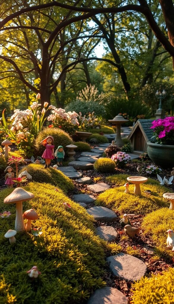 A whimsical fairy garden in the midst of a seasonal transformation. In the foreground, delicate mushrooms, flower fairies, and miniature birdbaths dot a lush, mossy ground. The middle ground features a charming stone pathway winding through blooming flowers and shrubbery, with a small, twinkling fairy house nestled amongst the foliage. In the background, a canopy of trees casts dappled sunlight, creating a magical, ethereal atmosphere. The scene is enhanced by warm, golden lighting, as if illuminated by fairy magic. The overall composition conveys a sense of enchantment and the natural beauty of the changing seasons.