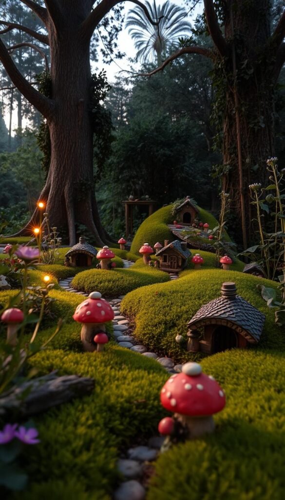 A whimsical fairy garden in the soft light of dusk, with lush foliage, delicate flowers, and enchanting mushrooms dotting the mossy ground. In the foreground, miniature houses and winding pathways invite the viewer to explore this mystical realm. Towering trees cast gentle shadows, while fireflies dance amidst the verdant undergrowth. The scene is imbued with a sense of wonder and tranquility, capturing the essence of a fairy's enchanted domain.