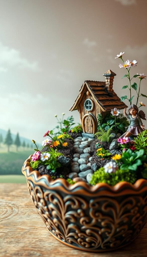 A whimsical fairy garden nestled in a charming container, adorned with lush foliage, delicate flowers, and enchanting miniature details. The foreground showcases an ornate ceramic planter, its surface carved with intricate patterns and dotted with vibrant blooms. In the middle ground, a winding path of pebbles leads to a tiny fairy house, its storybook-inspired architecture complemented by delicate ferns and moss-covered stones. The background features a soft, dreamlike landscape, with wispy clouds drifting across a pastel sky, setting the stage for a magical, tranquil scene. Subtle warm lighting casts a gentle glow, evoking a sense of cozy enchantment. Captured through a wide-angle lens, the composition invites the viewer to step into this captivating fairy oasis.