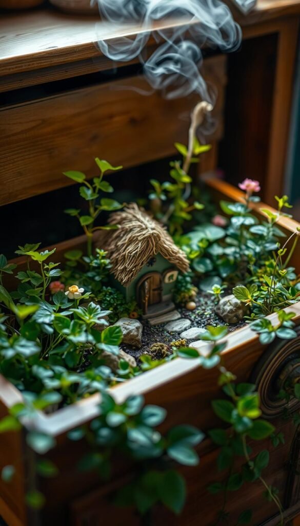 A whimsical fairy garden nestled in a repurposed wooden drawer, bathed in soft, warm lighting. In the foreground, an assortment of lush, verdant plants spill over the edges, their delicate leaves and flowers creating a lush, enchanting scene. The middle ground features a miniature fairy house, its intricate details and thatched roof inviting the viewer to step inside this magical world. In the background, a wisp of mist or fog adds to the dreamlike atmosphere, creating a sense of mystery and wonder. The overall composition is balanced and visually captivating, drawing the viewer into this enchanting fairy garden sanctuary.