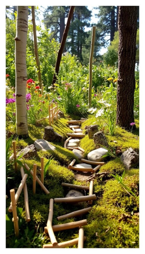 A whimsical fairy garden scene in a warm afternoon light. In the foreground, an assortment of popsicle sticks and twigs have been artfully arranged to create a charming natural path, winding through lush greenery and delicate flowers. Birch logs and moss-covered stones form the middle ground, creating a cozy, enchanted atmosphere. In the background, a variety of towering trees and wildflowers frame the scene, casting soft, dappled shadows across the ground. The overall impression is one of tranquility and wonder, inviting the viewer to step into this magical, handcrafted world.