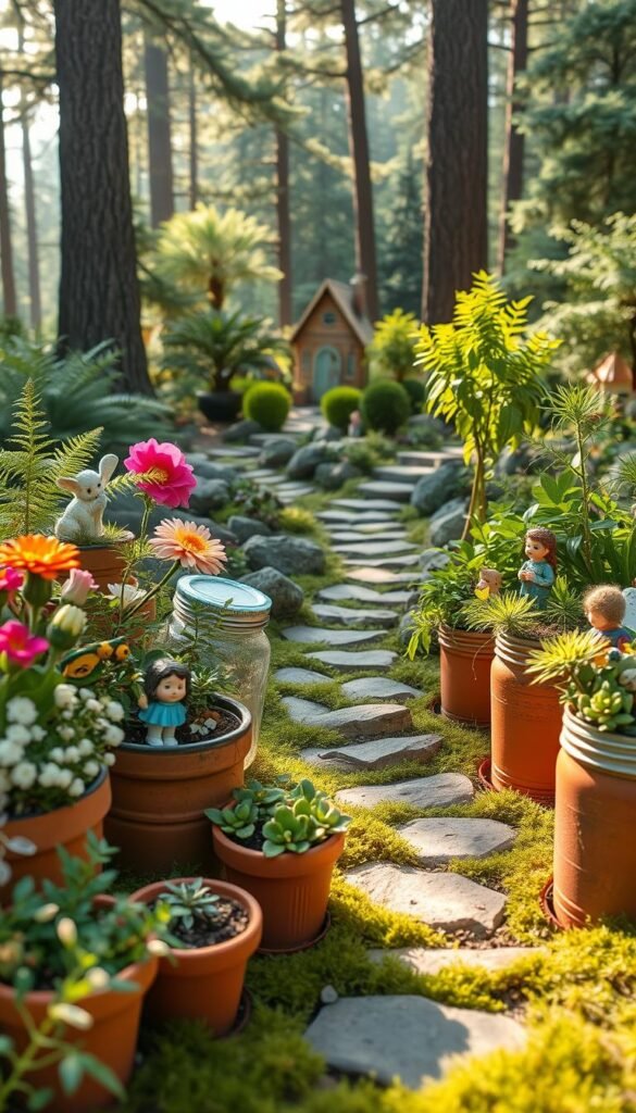 A whimsical fairy garden scene showcasing DIY techniques in a warm, natural light. In the foreground, an assortment of upcycled containers - terracotta pots, vintage teacups, and mason jars - overflowing with lush greenery, vibrant blooms, and enchanting miniature figurines. The midground features a winding stone path leading deeper into the garden, flanked by lush ferns, mossy rocks, and gently swaying grasses. In the background, a magical forest backdrop with towering trees, sun-dappled glades, and a glimpse of a whimsical fairy house peeking through. The entire scene has a soft, dreamy quality, as if captured through a vintage lens, evoking a sense of timeless wonder and DIY inspiration.