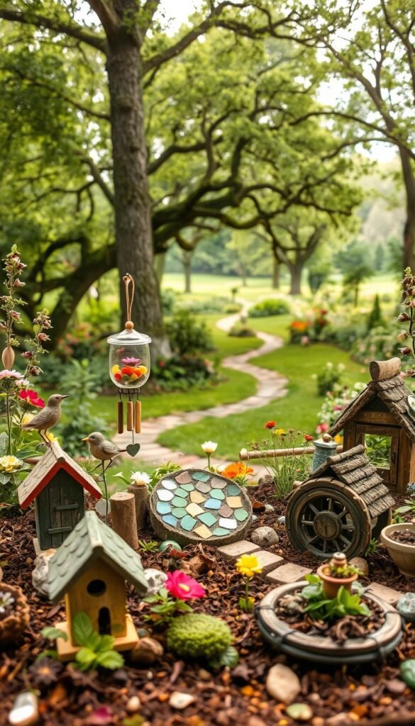 A whimsical fairy garden scene showcasing a variety of DIY crafts and upcycled decor. In the foreground, a miniature birdhouse, garden wind chimes, and a fairy lantern made from a repurposed glass jar. In the middle ground, a mosaic stepping stone, a fairy house constructed from twigs and bark, and a flower planter fashioned from an old wagon wheel. The background features a lush, verdant landscape with towering trees, blooming flowers, and a winding path leading into the distance. Soft, diffused natural lighting filters through the canopy, creating a warm, inviting atmosphere. The overall composition conveys a sense of enchantment and playful creativity, reflecting the joy of crafting a personalized fairy garden.