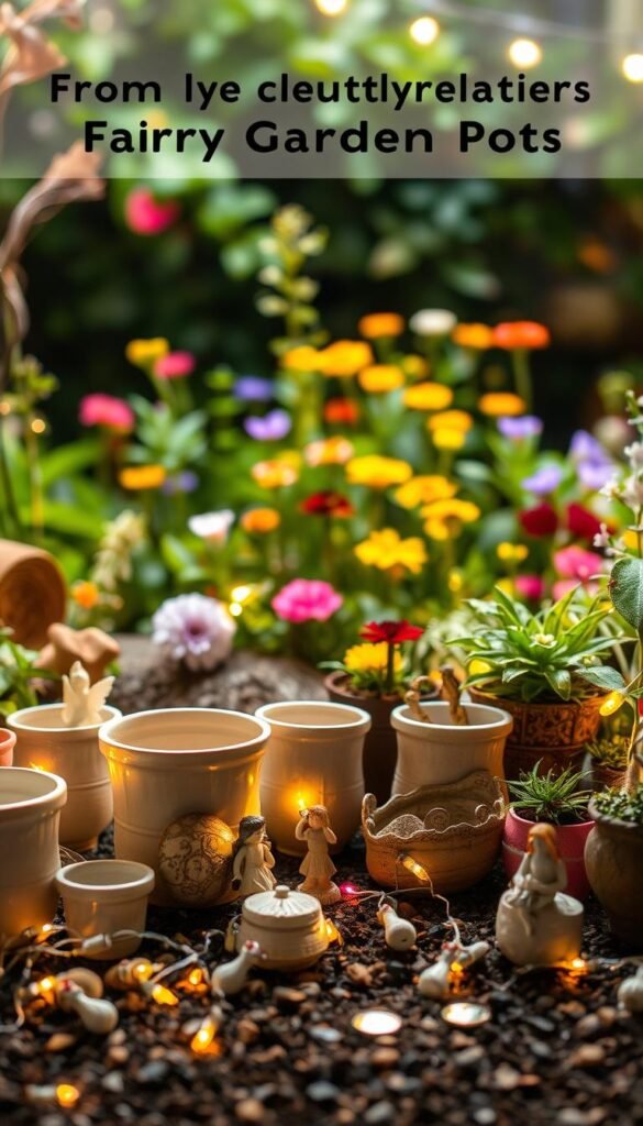 A whimsical fairy garden scene, with an array of enchanting supplies in the foreground. Delicate ceramic pots, intricate fairy figurines, and a scattering of twinkling fairy lights. In the middle ground, lush greenery and vibrant flowers create a magical backdrop. Soft, warm lighting illuminates the scene, casting a gentle glow and inviting the viewer to step into this enchanted realm. The overall atmosphere is one of wonder and whimsy, perfectly capturing the essence of transforming ordinary containers into captivating fairy garden pots.