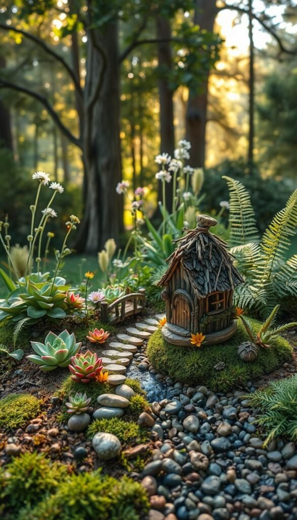 A whimsical fairy garden setup nestled in a lush, verdant landscape. In the foreground, an intricate miniature fairy house made of natural materials like twigs, moss, and stones sits atop a bed of colorful succulents. Surrounding it, a winding path of pebbles leads to a quaint bridge over a shimmering stream. In the middle ground, wispy wildflowers and delicate ferns sway gently in the soft, diffused light. Towering trees with dappled sunlight create a magical, enchanted atmosphere in the background. The scene is bathed in a warm, golden glow, evoking a sense of tranquility and wonder. A whimsical fairy garden setup nestled in a lush, verdant landscape. In the foreground, an intricate miniature fairy house made of natural materials like twigs, moss, and stones sits atop a bed of colorful succulents. Surrounding it, a winding path of pebbles leads to a quaint bridge over a shimmering stream. In the middle ground, wispy wildflowers and delicate ferns sway gently in the soft, diffused light. Towering trees with dappled sunlight create a magical, enchanted atmosphere in the background. The scene is bathed in a warm, golden glow, evoking a sense of tranquility and wonder.