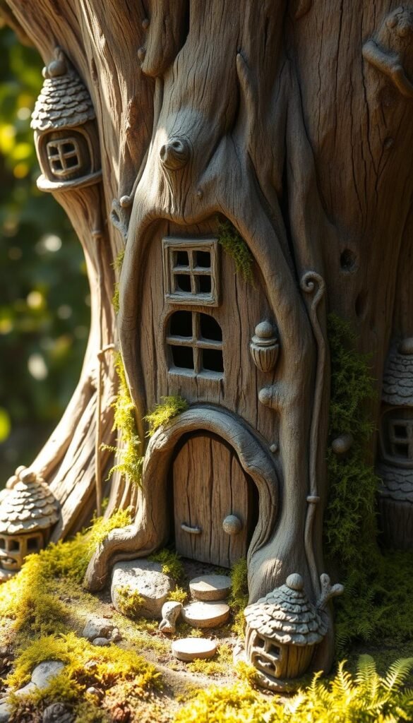 A whimsical fairy house, carved into the weathered bark of a sprawling tree stump. Delicate windows and a charming arched doorway adorn the rustic facade, inviting curious onlookers into a enchanted world. Soft, dappled sunlight filters through the surrounding foliage, casting a warm, magical glow over the scene. Lush, verdant moss and ferns cling to the stump's contours, blending seamlessly with the natural landscape. Intricate details, such as intricate carvings and tiny, imaginative accents, bring this fairy abode to life. The overall composition evokes a sense of wonder and tranquility, perfectly capturing the essence of a fairy garden focal point.