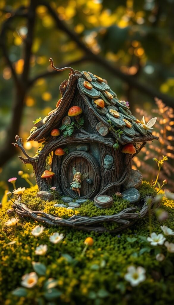 A whimsical fairy house centerpiece, nestled among lush greenery and delicate wildflowers. The intricate structure, crafted from gnarled twigs and mossy stones, sits atop a bed of soft moss, its peaked roof adorned with vibrant mushrooms and trailing vines. Warm, golden light filters through the canopy above, casting a magical glow upon the scene. Intricate details emerge as the viewer draws closer - delicate fairy figurines peeking out from hidden nooks, shimmering dewdrops clinging to gossamer fairy wings. The overall composition evokes a sense of enchantment and wonder, inviting the viewer to step into a enchanted fairy realm.