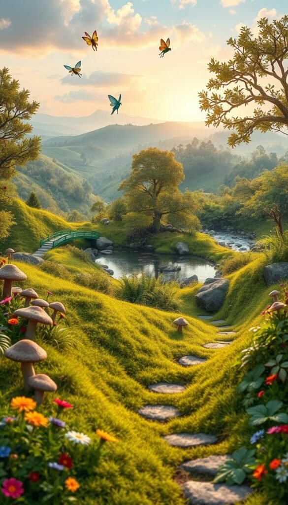 A whimsical fairy landscape layout, with a lush, verdant foreground featuring a winding path dotted with colorful flowers and mushrooms. In the middle ground, a tranquil pond reflects the surrounding trees and ferns, while gentle fairies flutter above. The background showcases rolling hills, a babbling brook, and a distant magical forest, bathed in a warm, golden-hour glow. The scene exudes a sense of enchantment and wonder, inviting the viewer to explore this enchanting fairy realm.