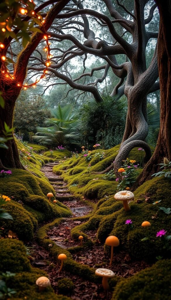 A whimsical garden oasis, where enchantment blooms among lush foliage and winding mossy paths. In the foreground, a canopy of fairy lights casts a warm, magical glow, leading the eye deeper into the scene. Scattered around the middle ground, colorful wildflowers and delicate mushrooms sprout from the rich soil, creating an atmosphere of serene wonder. In the background, towering trees with twisted branches frame the tranquil landscape, their leaves rustling softly in a gentle breeze. The entire composition evokes a sense of timeless beauty, as if this enchanted garden has existed for centuries, waiting to be discovered.