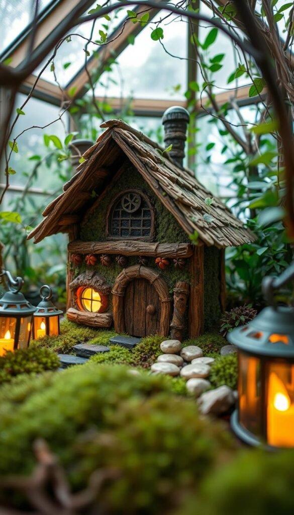 A whimsical, handcrafted fairy house nestled in a lush, verdant indoor garden. The miniature structure features intricate details like a thatched roof, carved wooden accents, and a cozy entryway. Delicate vines and moss-covered stones surround the house, creating a magical, naturalistic scene. Soft, warm lighting from nearby lanterns casts a gentle glow, evoking a cozy, inviting atmosphere. The camera angle provides a close-up, immersive perspective, allowing the viewer to feel as if they could step right into this enchanting, DIY fairy world.