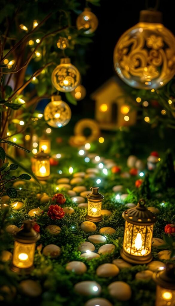 A whimsical miniature garden, bathed in the warm glow of delicate fairy lights. Tiny pathways wind through lush foliage, punctuated by enchanting lanterns that cast a soft, ambient light. Delicate glass globes, adorned with intricate patterns, float above the scene, creating an ethereal, dreamlike atmosphere. In the background, the distant outline of a cottage or gazebo hints at the magic that lies beyond. The overall composition evokes a sense of wonder and tranquility, inviting the viewer to step into this enchanted, miniaturized world.