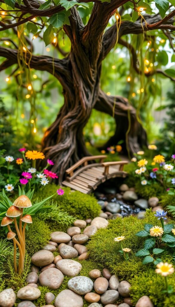 A whimsical miniature garden scene with lush greenery, vibrant flowers, and enchanting fairy-tale elements. In the foreground, a path of smooth pebbles winds through a cluster of tiny mushrooms and delicate flower buds. In the middle ground, a charming wooden bridge arches over a babbling brook, its banks dotted with colorful wildflowers. Towering over the scene, an ancient gnarled tree provides a sheltered canopy, its branches dripping with trailing vines and glowing fairy lights. Soft, warm lighting filters through the leaves, casting a magical glow across the tranquil landscape. The overall composition evokes a sense of wonder and serenity, inviting the viewer to step into this enchanted realm.