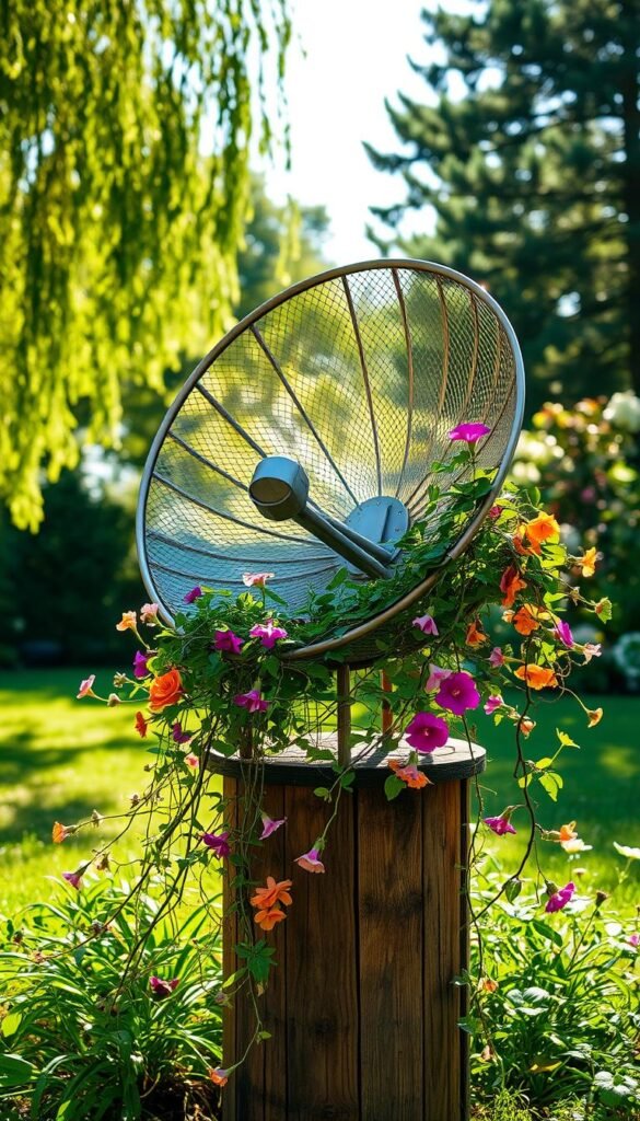 A whimsical satellite dish garden art project, showcasing a repurposed satellite dish transformed into a captivating planter. The dish is positioned atop a rustic wooden pedestal, surrounded by lush greenery and colorful flowers cascading over the edges. Sunlight filters through the dish's intricate mesh, casting a warm, inviting glow. In the foreground, delicate vines and blooms spill out, creating a naturalistic, organic composition. The midground features the satellite dish's iconic curved form, its metallic surface gleaming. In the background, a verdant garden setting, with swaying trees and a tranquil atmosphere, completes the serene, upcycled scene.