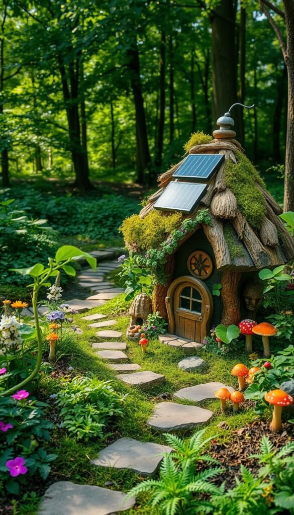 A whimsical solar-powered fairy house nestled in a lush, verdant garden. In the foreground, a charming wooden structure with a thatched roof, adorned with intricate carvings and mossy accents. Solar panels artfully integrated into the design, casting a warm glow. Surrounding the house, a vibrant assortment of wildflowers, ferns, and miniature toadstools. In the middle ground, a meandering stone path leading towards a babbling brook. The background features a serene forest backdrop, with dappled sunlight filtering through the canopy. An enchanting, sustainable fairy-tale scene, captured with a soft, dreamlike lens.