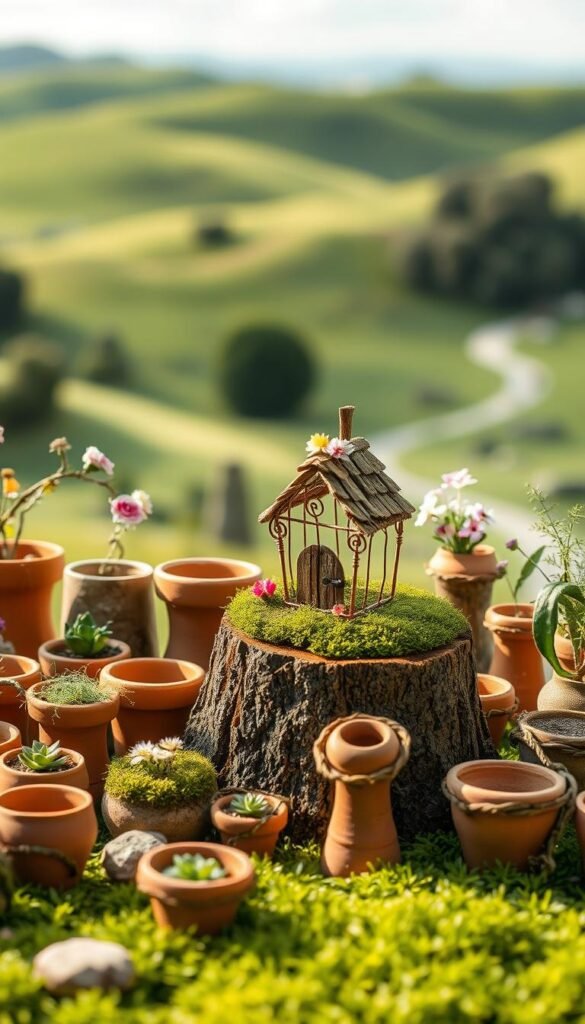 A whimsical still life of handcrafted fairy garden accessories. In the foreground, an array of miniature clay pots, twig and moss planters, and delicate flower garlands. Midground, a mossy tree stump serves as a pedestal for a tiny wire-framed fairy house, its shingled roof adorned with pressed blooms. In the background, a lush, verdant landscape with gently undulating hills and a hint of a winding path. Soft, diffused natural lighting casts a warm, enchanting glow over the scene. The overall atmosphere evokes a sense of wonder and imagination, inviting the viewer to envision a enchanting fairy realm.
