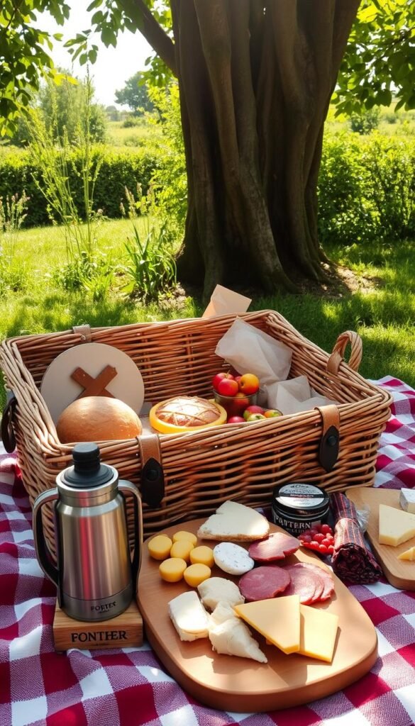 A wicker picnic basket rests on a checkered blanket, overflowing with an assortment of delectable treats. Freshly baked pastries, ripe fruit, and a thermos of steaming tea sit alongside a rustic wooden cheese board and artisanal charcuterie. Dappled sunlight filters through the leaves of a nearby tree, casting a warm, golden glow over the scene. In the background, a lush, verdant garden provides a serene and inviting backdrop, hinting at the idyllic setting for this alfresco dining experience. The overall atmosphere evokes a sense of pastoral tranquility and the simple pleasures of an outdoor gathering.
