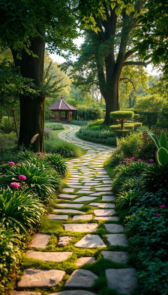 A winding garden path leads the eye through a lush, verdant landscape. The foreground features a meandering stone walkway, its surface weathered and textured, inviting exploration. Surrounding the path, a tapestry of vibrant foliage in shades of green, with accents of colorful flowers adding pops of life. In the middle ground, the path continues, branching off into secondary trails that draw the viewer deeper into the scene. Towering trees and shrubs frame the edges, creating a sense of depth and enclosure. The background is softly blurred, hinting at the broader expanse of the garden, its elements subtly layered to create a harmonious and inviting hierarchy. Warm, natural lighting filters through the canopy, casting a gentle glow and casting soft shadows across the path, enhancing the sense of depth and atmosphere.