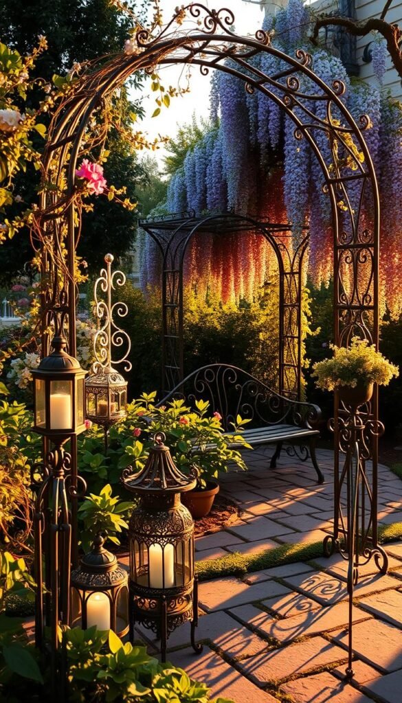A wrought iron garden arch, adorned with delicate vines and blooming flowers, stands as the centerpiece of an enchanting outdoor scene. In the foreground, intricate wrought iron lanterns and plant stands cast a warm, soft glow, their intricate scrollwork casting enchanting shadows across the flagstone path. The middle ground features a vintage wrought iron bench, its ornate backrest framing a lush, overgrown flowerbed. In the background, a wrought iron trellis supports a cascading, fragrant wisteria, creating a romantic, Victorian-inspired atmosphere. The scene is bathed in the golden light of a setting sun, the shadows and highlights accentuating the elegant, timeless quality of the wrought iron accessories.