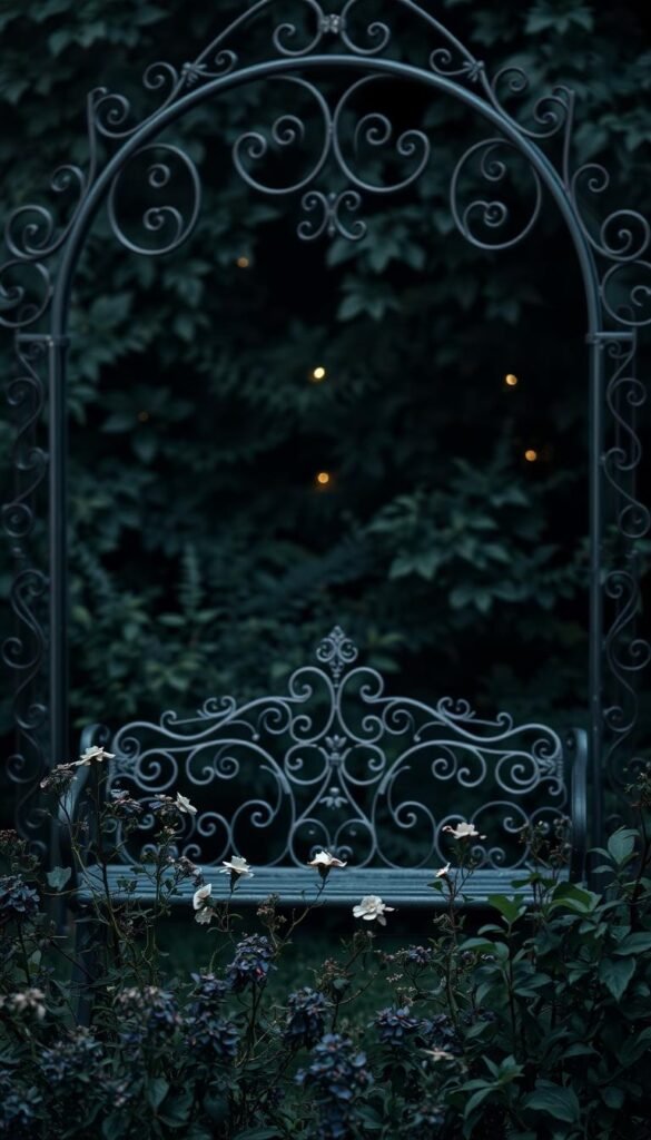A wrought iron garden arch with intricate scrollwork and leaf motifs, set against a backdrop of lush, shadowy foliage. In the foreground, a wrought iron bench with a gothic, ornate design sits nestled among delicate, dark-hued blooms. The scene is illuminated by a soft, moody lighting, creating a sense of mystery and drama. The camera angle is slightly elevated, allowing for a captivating, atmospheric view of this enchanting, gothic-inspired outdoor space.