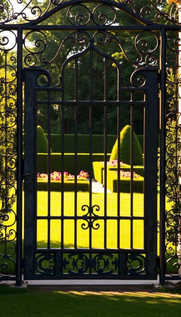 A wrought iron gate stands elegantly, its intricate scrollwork and geometric patterns casting alluring shadows on the ground. The gate is situated in a lush, verdant garden, framing the landscape with a sense of refined elegance. Warm, golden sunlight filters through the metalwork, creating a play of light and shadow that adds depth and texture to the scene. The gate's sturdy, weathered appearance suggests a timeless quality, seamlessly blending classic and contemporary design elements. In the background, a well-manicured garden with vibrant flowers and neatly trimmed hedges provides a harmonious backdrop, enhancing the overall aesthetic. The entire composition evokes a sense of tranquility, inviting the viewer to step through the gate and explore the captivating garden beyond.