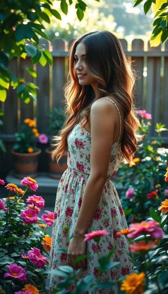 A young woman in a floral sundress stands amidst a lush, vibrant garden. Her long, wavy hair frames her face as she gazes thoughtfully at the colorful blooms surrounding her. Soft, natural lighting filters through the leaves, casting a warm, golden glow on the scene. In the background, a rustic wooden fence and a few potted plants create a cozy, inviting atmosphere. The woman's outfit, with its flowing skirt and delicate floral pattern, perfectly complements the garden setting, embodying the "garden girl" aesthetic. The overall mood is one of tranquility, joy, and a deep appreciation for the beauty of nature.