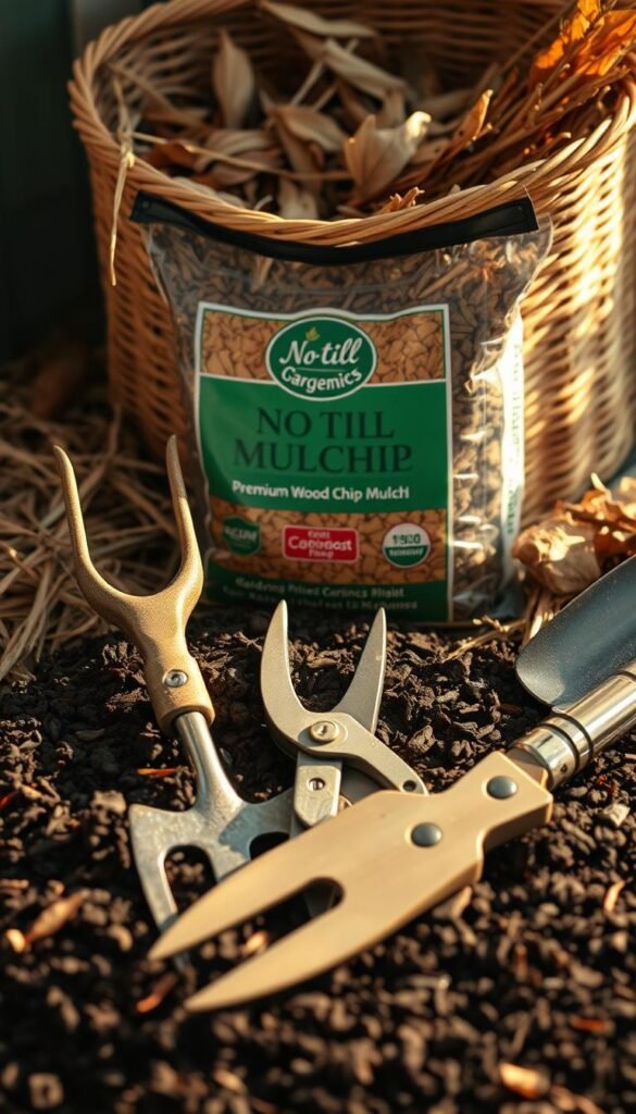 An artfully arranged still life of no-till gardening tools and organic mulch, bathed in warm, natural light. In the foreground, a sturdy garden fork, a pair of pruning shears, and a trowel sit atop a bed of rich, dark compost. The middle ground showcases a bag of premium wood chip mulch, its texture and color contrasting beautifully with the garden tools. In the background, a woven straw basket overflows with dried leaves and straw, hinting at the cycle of renewal. The scene conveys a sense of care, sustainability, and the quiet, intentional work of preparing the soil for a bountiful harvest.