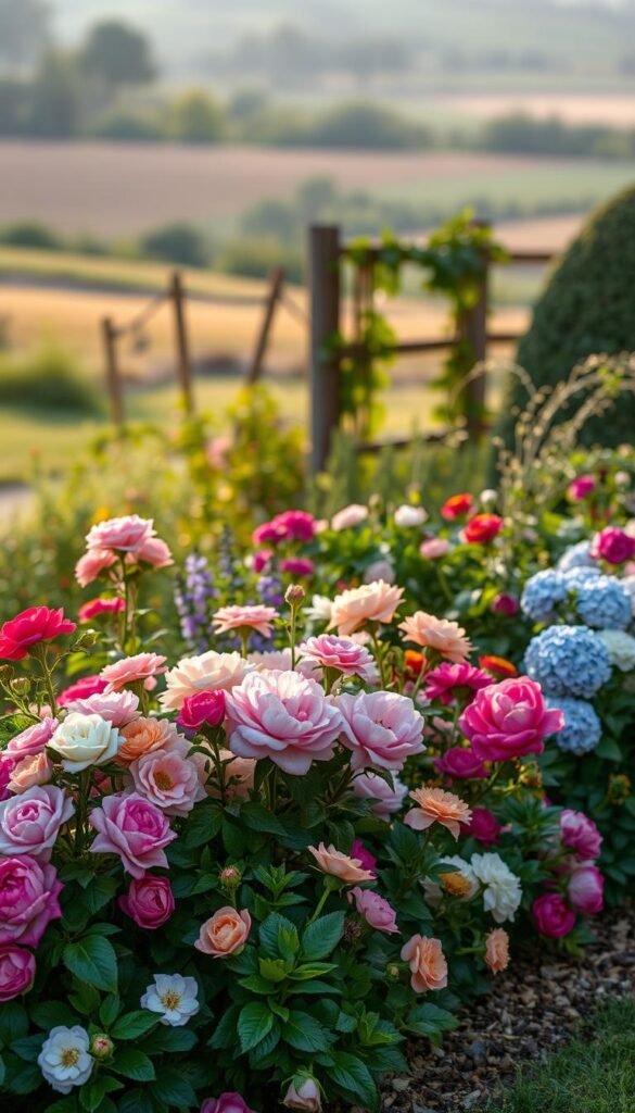 An elegant garden border design with vibrant, lush floral arrangements. A foreground of blooming flowers in a variety of colors and textures, such as roses, peonies, and hydrangeas, arranged in a flowing, naturalistic pattern. In the middle ground, verdant foliage and trailing vines create a lush, layered effect. The background features a soft, blurred landscape with hints of a rustic fence or stone wall, evoking a sense of tranquility and timelessness. The lighting is warm and diffused, casting a gentle glow over the scene. The overall composition is balanced and harmonious, capturing the essence of an enchanting, well-designed garden border.