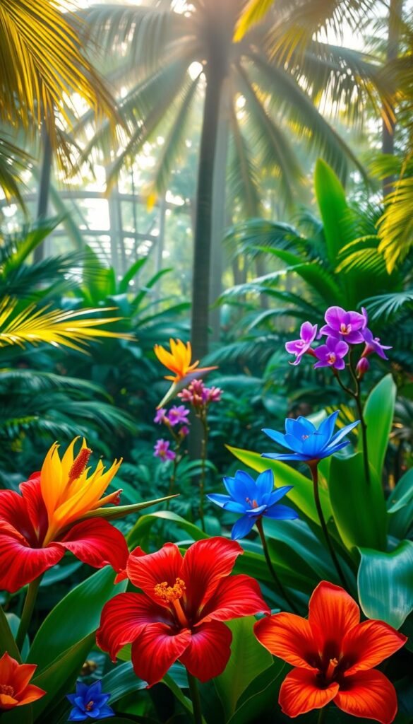 An exotic, lush edenic garden with vibrant, larger-than-life blooms in the foreground. Radiant, tropical flowers in a kaleidoscope of colors - crimson red hibiscus, golden yellow bird of paradise, iridescent purple orchids, and electric blue water lilies. The flowers are set against a verdant, jungle-like backdrop of towering palm trees, ferns, and other verdant foliage. Soft, warm lighting filters through the canopy, casting a magical, dreamlike glow over the entire scene. The overall atmosphere is one of abundant, enchanting natural beauty, evoking a sense of wonder and a connection to the primal essence of an untamed, primordial paradise.