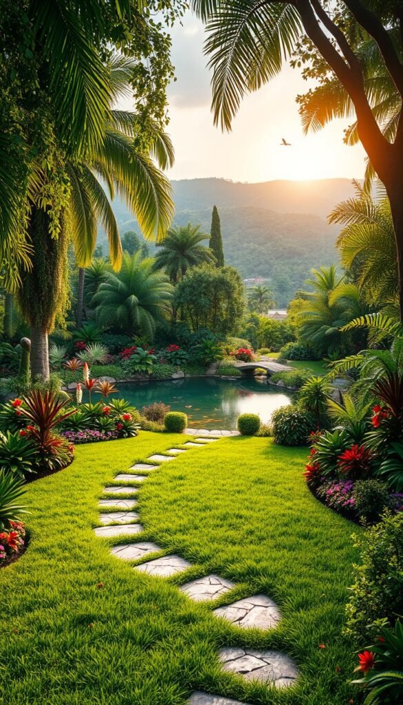 An expansive Eden-inspired garden layout, with lush, verdant foliage cascading from towering trees and exotic blooms bursting forth in a riot of vibrant color. In the foreground, a meandering stone pathway winds through a verdant carpet of emerald grass, dotted with clusters of fragrant flowers. Surrounding the path, a profusion of towering palms, ferns, and tropical plants create a lush, jungle-like atmosphere. In the middle ground, a serene, crystal-clear pond reflects the dappled sunlight filtering through the canopy above, its surface broken by the gentle splashing of koi. Framing the scene, the background features a backdrop of rolling hills blanketed in a tapestry of verdant greenery, with the soft, golden glow of the sun illuminating the scene with a warm, ethereal light.
