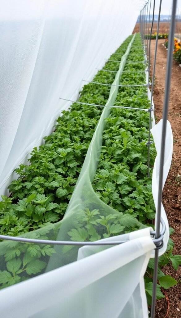 An expansive overhead view of a row of lush green herb plants, delicately protected by a translucent fabric row cover stretched over sturdy wire supports. The soft, diffused light filters through the material, casting a gentle glow on the plants below. The row cover's edges are securely anchored to the soil, shielding the herbs from the harsh winter elements. In the distance, a serene garden landscape unfolds, hinting at the tranquil setting. The scene exudes a sense of care and nurturing, perfectly suited to safeguard the herbs through the coldest months.