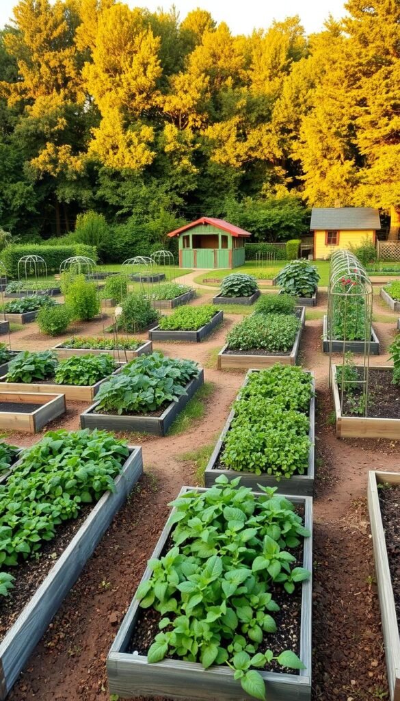An expansive vegetable garden layout, showcasing a variety of practical options. In the foreground, orderly raised garden beds in varying shapes and sizes, their rich soil teeming with lush greenery. Mid-ground, winding pathways invite exploration, flanked by whimsical trellises supporting vining crops. In the background, a verdant backdrop of towering trees and a picturesque shed, bathed in warm, golden light. The scene conveys a sense of abundance, productivity, and tranquility, inspiring the viewer to envision their own thriving homegrown oasis.