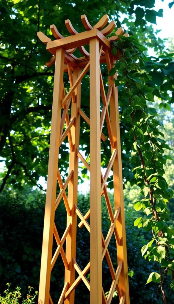An intricate obelisk trellis design, meticulously crafted with intertwining wooden slats and beams, rising gracefully against a backdrop of lush greenery. The structure casts a warm, golden glow under the soft, diffused sunlight filtering through the leaves, creating a captivating play of light and shadow. The trellis' elegant, angular form provides a sturdy support for climbing vines, which drape and cascade over the structure, adding a touch of natural charm and enchantment. The scene exudes a sense of tranquility and timeless beauty, inviting viewers to imagine the verdant, blooming vines that would soon envelop this captivating obelisk trellis design.