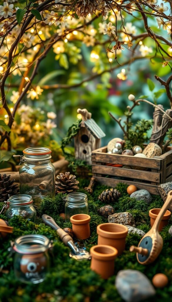 An intricately detailed fairy garden scene with an array of whimsical materials and tools scattered throughout. In the foreground, delicate glass jars, terracotta pots, and tiny trowels sit amidst a lush carpet of moss and ferns. In the middle ground, a weathered birdhouse is adorned with trailing vines, and a wooden crate holds an assortment of natural elements like pinecones, stones, and gnarled branches. In the background, a shimmering fairy-lit canopy of flowers and foliage frames the scene, casting a warm, magical glow. The lighting is soft and diffused, creating an enchanting, dream-like atmosphere, as if captured through the lens of a vintage camera.