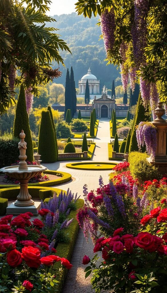 An opulent garden oasis, bathed in warm, golden light filtering through lush canopies. In the foreground, meticulously manicured flowerbeds brim with vibrant, jewel-toned blooms - crimson roses, lavender, and cascading wisteria. Ornate stone fountains and statues stand as regal focal points, surrounded by neatly trimmed hedges. The middle ground reveals a meandering path of polished cobblestone, flanked by towering cypress trees and elegant wrought-iron benches. In the distance, a stately palace or manor house sits nestled amidst the verdant landscape, exuding an air of refined sophistication. The overall scene conveys a sense of timeless elegance and tranquility, perfectly suited for a royal garden aesthetic.