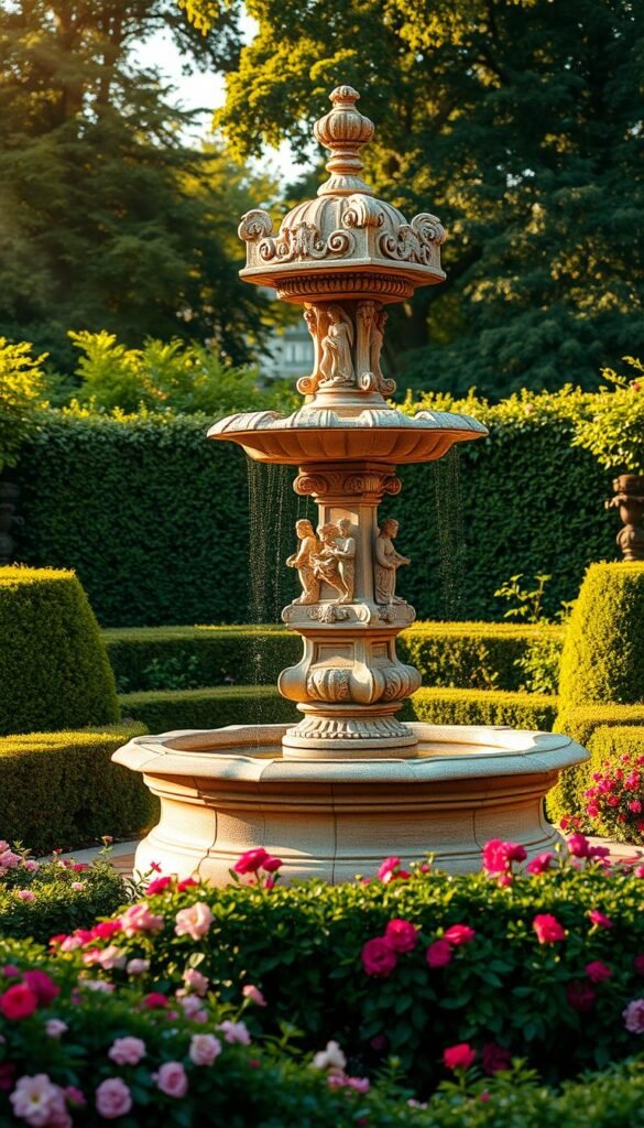 An ornate Victorian-style fountain stands as the centerpiece of a lush, romantic garden. The fountain's intricate, carved stone design features classical figures and flowing water, creating a captivating focal point. Meticulously pruned hedges and vibrant, overflowing floral beds surround the fountain, complementing its opulent aesthetic. Warm, golden sunlight casts a soft, dreamlike glow across the scene, highlighting the fountain's ornate details and the verdant, verdant foliage. The overall atmosphere evokes a sense of elegance, tranquility, and a bygone era of refined, horticultural grandeur.
