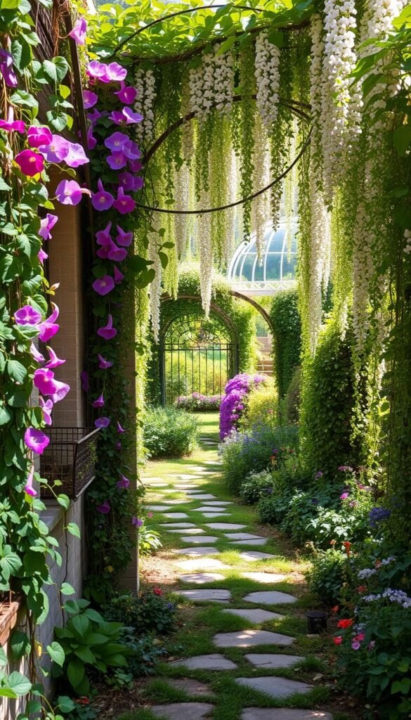 An overgrown garden path winding through a lush tapestry of climbing vines, cascading blooms, and verdant foliage. In the foreground, tendrils of ivy and morning glories drape gracefully over ornate stone walls, creating a sense of hidden enchantment. The middle ground features a diverse array of climbing plants, from fragrant wisteria to delicate jasmine, weaving an intricate floral canopy overhead. Dappled sunlight filters through the verdant layers, casting a warm, romantic glow and highlighting the vibrant hues of the blooms. In the background, a glimpse of a secluded garden nook, adorned with whimsical trellises and brimming with vibrant wildflowers, invites the viewer to step into this secret, magical oasis.