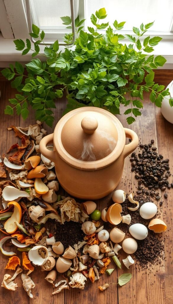An overhead shot of a rustic wooden kitchen counter, its surface covered with various kitchen scraps arranged in a thoughtful, visually appealing manner. The foreground features a mix of fruit peels, vegetable trimmings, eggshells, and coffee grounds, all in natural tones of brown, green, and white. In the middle ground, a classic earthenware compost bin sits, its lid slightly ajar, with steam gently rising from the decomposing matter inside. The background showcases a lush, verdant potted plant, its leaves casting soft, natural shadows across the scene. Soft, diffused lighting illuminates the composition, conveying a sense of tranquility and eco-conscious mindfulness.