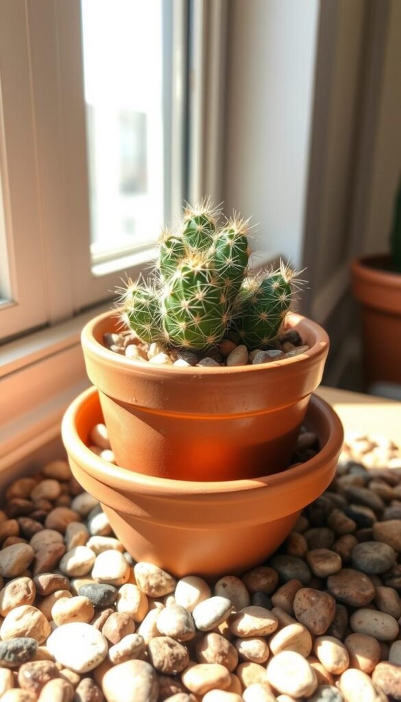 Cactus container drainage setup with a close-up view, showcasing a terracotta pot filled with a thriving cactus plant. The pot sits atop a layer of small pebbles, facilitating proper drainage and airflow. Sunlight streams in through a nearby window, casting a warm, natural glow over the scene. The overall composition highlights the simplicity and functionality of this low-maintenance setup, reflecting the "Gathering Your Materials and Tools" section of the article on building a cactus dish garden.