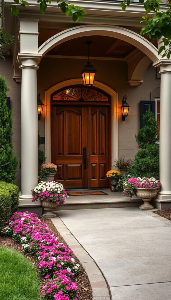 Curb appeal entryway design with lush, well-manicured landscaping. An inviting porch with ornate columns and a grand, wooden front door. Decorative lighting fixtures cast a warm, ambient glow. Blooming flower beds and neatly trimmed shrubs frame the entryway, creating a welcoming first impression. A smooth, paved walkway leads visitors to the front door, flanked by potted plants and decorative garden accents. Soft, diffused lighting filters through the scene, evoking a cozy, comfortable atmosphere. The overall composition exudes a sense of classic elegance and thoughtful, intentional design.