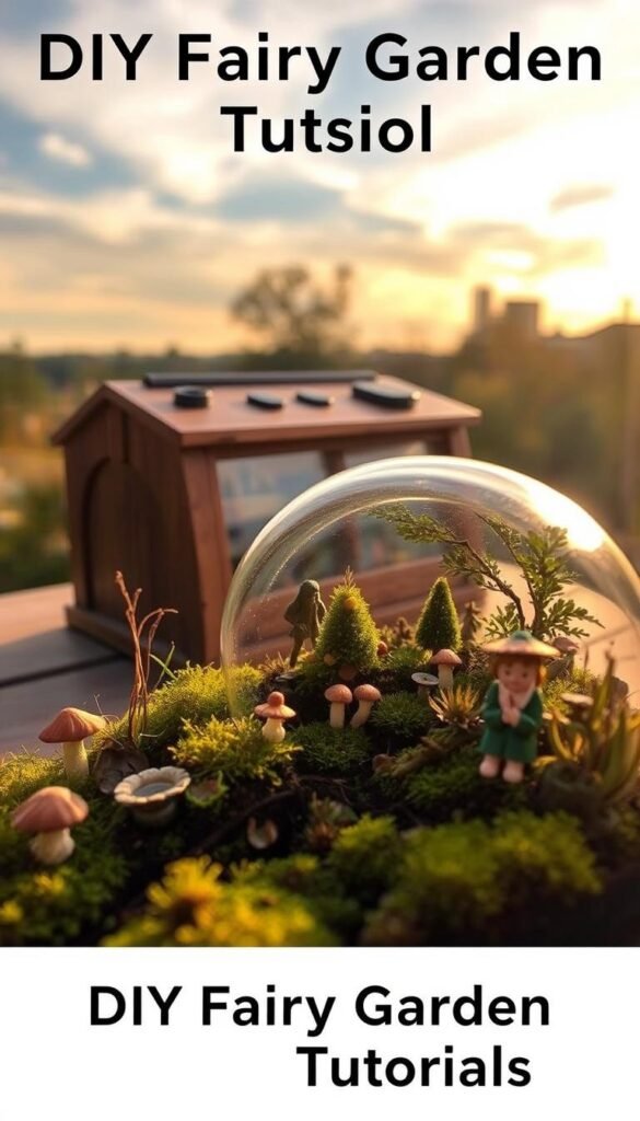 Detailed DIY fairy garden tutorials showcasing a whimsical miniature landscape. In the foreground, an enchanted garden scene with tiny plants, moss, mushrooms, and delicate fairy figurines. The middle ground features a handcrafted wooden planter box or terrarium, with intricate woodwork and natural finishes. The background reveals a serene outdoor setting, with wispy clouds in a warm, golden-hour sky. Dramatic soft lighting casts long shadows, creating a cozy, inviting atmosphere. The camera angle is slightly elevated, providing a charming, bird's-eye view of this captivating DIY fairy garden project.