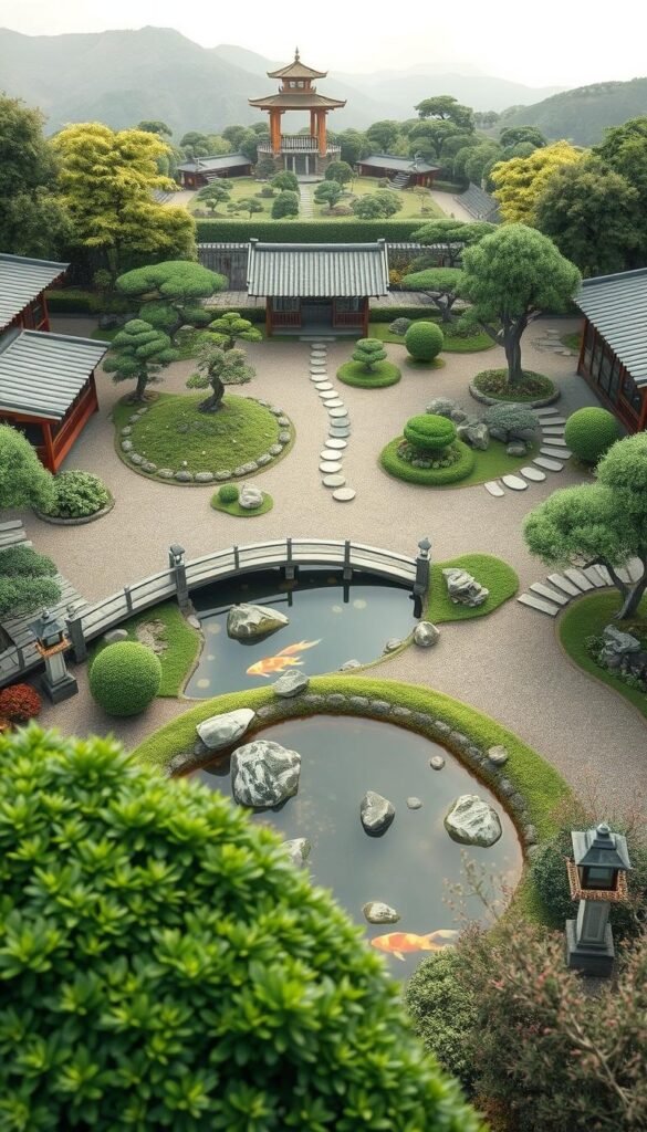 Detailed Japanese garden layout plan with intricate pathways, serene water features, and meticulously arranged plant life. A lush, verdant foreground frames a tranquil koi pond, surrounded by artfully placed rocks, bridges, and lanterns. The middle ground showcases a harmonious arrangement of carefully pruned bonsai trees, moss-covered stones, and stepping stones leading deeper into the garden. In the background, a distant pagoda and manicured hills create a sense of depth and traditional Japanese aesthetic. Soft, diffused lighting casts a calming glow over the entire scene, evoking a serene and meditative atmosphere.